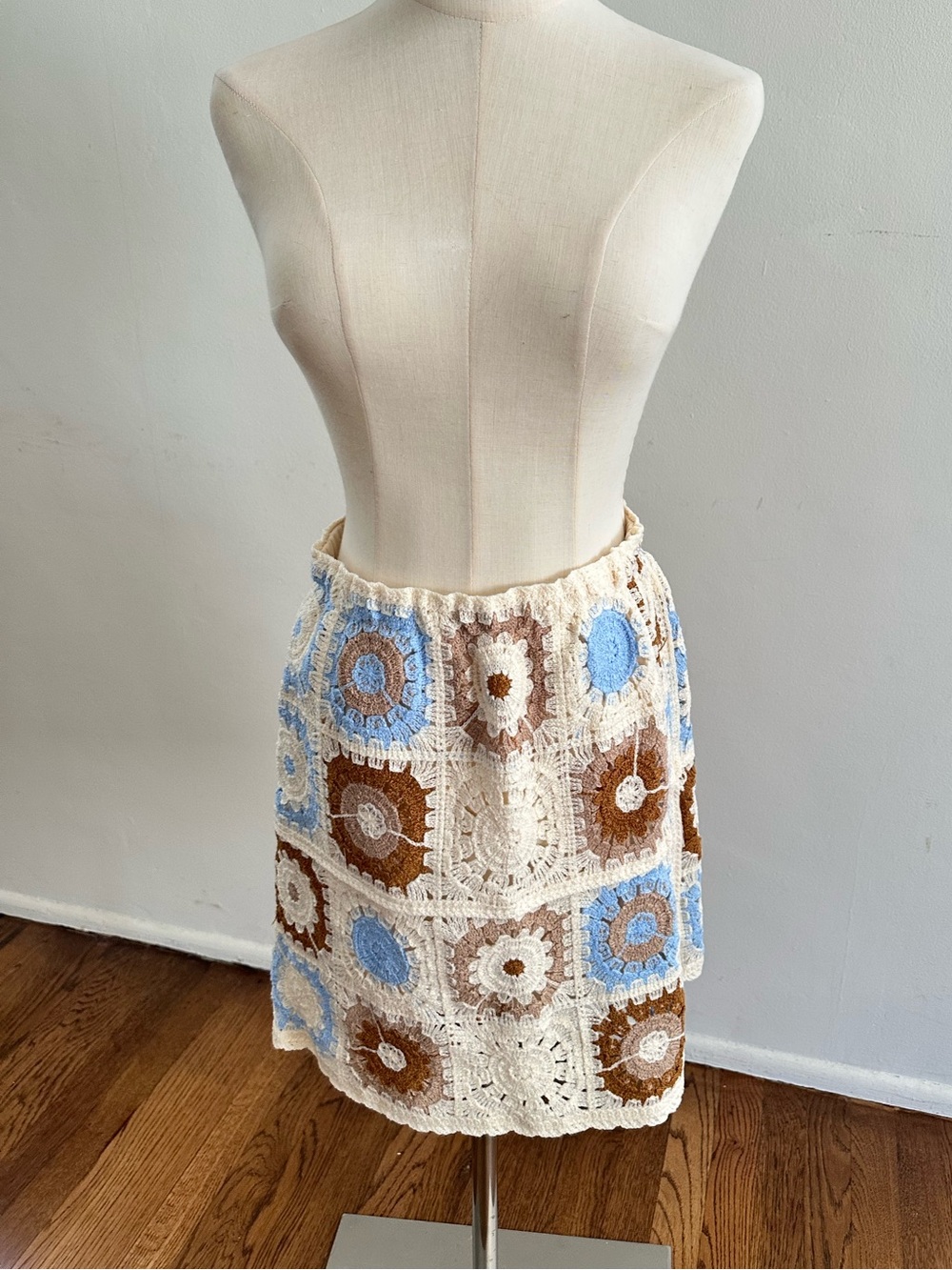 Crochet Two Piece Set Cream Brown Blue Boho Festival Skirt Set L/XL - Picture 2 of 6